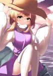  1girl absurdres blonde_hair blush breasts closed_mouth cloud commentary_request convenient_leg dot_nose expressionless feet_out_of_frame grabbing hair_between_eyes hands_up hat highres knees_together_feet_apart knees_up long_hair long_sleeves looking_at_viewer moriya_suwako saniraku sidelocks sitting sky small_breasts solo thighhighs touhou turtleneck twilight white_thighhighs wide_sleeves yellow_eyes 