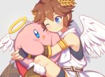  angel angel_wings armband armlet blue_eyes brown_hair colored_skin grey_background halo kid_icarus kirby kirby_(series) laurel_crown looking_at_another male_focus one_eye_closed pink_skin pit_(kid_icarus) simple_background smile solid_oval_eyes super_smash_bros. twitter_username wings wusagi2 