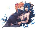  2girls :d blue_bow blue_eyes blue_hair bow breasts debt drill_hair flat_chest hair_between_eyes hair_bow heart hood hoodie incest jewelry long_hair messy_hair miniskirt multiple_girls no_headwear no_shoes open_mouth pantyhose re_ghotion reclining siblings simple_background sisters skirt small_breasts smile touhou twin_drills very_long_hair white_background yorigami_jo&#039;on yorigami_shion yuri 