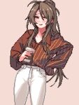  blush brown_background brown_hair casual coffee_cup cowboy_shot cup denim disposable_cup girls&#039;_frontline green_eyes hand_on_own_hip holding holding_cup jeans lee-enfield_(girls&#039;_frontline) long_hair long_sleeves pants pixel_art ponytail red_shirt shirt shirt_tucked_in simple_background smile very_long_hair white_pants yiricannon 