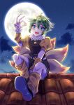  1boy cloud full_moon green_eyes green_hair highres jewelry kageshitario looking_at_viewer male_focus monster_boy moon open_mouth riki_(saga) ring saga saga_frontier short_hair smile solo star_(sky) tail 