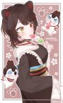  1girl animal_ears black_kimono brown_hair dango dog_ears dog_girl food heterochromia highres inui_toko inui_toko_(1st_costume) japanese_clothes kimono maid medium_hair millee_(prhr5855) nijisanji red_eyes solo swept_bangs virtual_youtuber wa_maid wagashi wide_sleeves yellow_eyes 