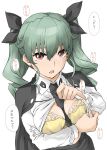  1girl anchovy_(girls_und_panzer) anzio_school_uniform between_breasts black_cape black_necktie black_ribbon black_skirt blush bra breasts cape clothes_lift commentary dress_shirt drill_hair elf_(stroll_in_the_woods) girls_und_panzer green_hair hair_ribbon heart highres lifted_by_self long_hair long_sleeves looking_at_viewer medium_breasts necktie necktie_between_breasts open_mouth red_eyes ribbon school_uniform shirt shirt_lift simple_background skirt solo sweat translation_request twin_drills twintails underwear upper_body white_background white_shirt wing_collar yellow_bra 