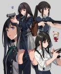  2girls aiming backpack bag black_hair black_socks blue_dress brown_bag closed_mouth collared_shirt commentary_request dress green_ribbon grey_background gun handgun highres holding holding_gun holding_weapon inoue_takina long_hair lycoris_recoil microphone multiple_girls multiple_views neck_ribbon neko_(yanshoujie) nishikigi_chisato open_mouth pleated_dress ponytail purple_eyes reloading ribbon shirt shotgun sidelocks simple_background socks straight_hair suspenders weapon white_shirt wing_collar 