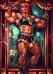 1girl abs boots flexing gloves highres jan_rockitnik jewelry marisa_(street_fighter) muscular muscular_female necklace olive_wreath red_hair skirt smile solo street_fighter street_fighter_6 tank_top thick_thighs thighs veins 