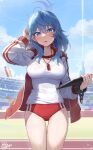  1girl absurdres ako_(blue_archive) arm_up blue_archive blue_eyes blue_hair breasts buruma cowboy_shot day gym_uniform halo highres jacket kokukyukeo large_breasts long_sleeves looking_at_viewer medium_hair open_mouth outdoors red_buruma red_jacket see-through shirt solo standing sweat thighs track_jacket v-shaped_eyebrows wet wet_clothes wet_shirt whistle whistle_around_neck white_shirt white_sleeves 