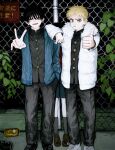  1other 2boys absurdres black_coat black_footwear black_hair black_pants blonde_hair blue_jacket brown_eyes can coat fence fur_trim gakudayo gakuran ghost grey_socks hand_in_pocket highres horror_(theme) jacket leaf looking_at_viewer multiple_boys open_mouth original outdoors pants school_uniform shoes sign smile socks standing white_footwear white_jacket 