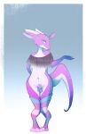  animal_genitalia anthro balls bottomless clothed clothing digitigrade fluffbolds genitals gynomorph hi_res horn intersex kobold looking_at_viewer pink_body scalie sheath solo tail topwear trans_(lore) trans_woman_(lore) 