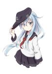  1girl anchor_symbol black_headwear black_sailor_collar blue_eyes blue_hair flat_cap hair_between_eyes hat hibiki_(kancolle) highres kantai_collection light_blue_hair long_hair long_sleeves looking_at_viewer miniskirt neckerchief pleated_skirt red_neckerchief sailor_collar school_uniform serafuku skirt solo tetsuryuu 