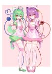  2girls :o ;q absurdres ahoge alternate_costume animal_ears apron blush breasts cat_ears cat_tail cleavage cleavage_cutout closed_mouth clothing_cutout commentary cup diamond_cutout dress enmaided food full_body fuua_(fxae3875) green_dress green_eyes green_footwear green_hair hair_between_eyes hair_ornament heart heart_ahoge heart_cutout heart_hair_ornament heart_of_string highres holding holding_food holding_plate kemonomimi_mode komeiji_koishi komeiji_satori looking_at_viewer macaron maid maid_apron maid_headdress medium_hair multiple_girls one_eye_closed pink_background pink_dress pink_eyes pink_footwear pink_hair plate saucer shoes short_hair short_sleeves siblings simple_background sisters sleeve_cuffs small_breasts smile standing standing_on_one_leg tail teacup thighhighs third_eye tongue tongue_out touhou white_apron white_thighhighs wrist_cuffs 
