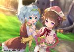  1other 2girls :d ^_^ baby bare_shoulders blue_eyes blue_hair blurry blurry_background breasts brown_dress brown_hair cleavage cleavage_cutout closed_eyes closed_mouth clothing_cutout commentary_request day depth_of_field dress flower_knight_girl food food_on_face frilled_dress frills green_hairband hairband holding holding_food long_sleeves macaron medium_breasts multiple_girls official_art outdoors pink_dress pink_headwear purple_eyes shirt sleeveless sleeveless_shirt sleeves_past_wrists smile suzuna_(flower_knight_girl) tsuchikure tsutsuji_(flower_knight_girl) twintails white_shirt 