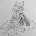  1girl bow breasts cape cloak commentary greyscale hair_bow highres kanaria_(bocmn) long_sleeves monochrome one-hour_drawing_challenge sekibanki shirt short_hair simple_background sketch skirt solo touhou traditional_media 