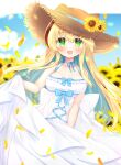  1girl :d animal_ears animal_hat blonde_hair blue_bow blue_hair blurry blurry_background blush bow breasts brown_eyes cat_ears cat_hat cleavage collarbone commentary_request depth_of_field dress fake_animal_ears flower frilled_dress frills green_eyes hair_between_eyes hat hat_flower highres large_breasts long_hair looking_at_viewer multicolored_hair original petals shikito skirt_hold sleeveless sleeveless_dress smile solo straw_hat streaked_hair sunflower two-tone_hair very_long_hair white_dress yellow_flower 