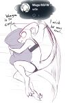  2023 absurd_res anthro bed blush clothed clothing dialogue english_text fantasizing female full-length_portrait furniture hi_res horn jarnqk kobold lya_(jarnqk) lying on_bed on_side pillow pillow_hug portrait scalie side_view sketch solo tail tail_motion tailwag text twitter underwear underwear_only w4g4_(character) 