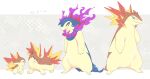  all_fours alternate_color cyndaquil evolutionary_line fangs fire hand_on_hip highres hisuian_typhlosion looking_at_viewer no_humans pokemon pokemon_(creature) purple_fire quilava red_eyes shiny_pokemon standing typhlosion waribashi_(warenuhasi) 