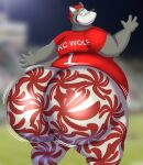  anthro big_butt bottomwear butt canid canine canis clothing girly hi_res jerseys male male/male mammal megacoolbear_(artist) obese obese_anthro overweight overweight_anthro pants solo thick_thighs wolf 