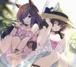  2girls animal_ears bare_shoulders blurry blurry_foreground bracelet breasts brown_hair camisole cleavage corset daitaku_helios_(umamusume) depth_of_field dress ear_covers ears_through_headwear feet_out_of_frame hand_on_headwear hands_up hat highres horse_ears jewelry knees_up long_hair looking_at_viewer multicolored_hair multiple_girls necklace off-shoulder_dress off_shoulder open_mouth outstretched_arm pink_dress pink_shirt plant purple_eyes shibaebi_(yasaip_game) shirt sitting small_breasts smile straw_hat streaked_hair teeth tosen_jordan_(aurore_vacances)_(umamusume) tosen_jordan_(umamusume) umamusume wristband yellow_eyes 