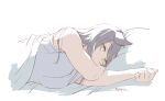  1girl animal_ears artist_name bare_shoulders bed_sheet black_hair blanket breasts clenched_hand commentary_request highres horse_ears horse_girl long_hair looking_at_viewer lying medium_breasts mukakin narita_brian_(umamusume) on_bed on_side pillow shirt short_sleeves simple_background sleeping solo umamusume upper_body white_background white_shirt yellow_eyes 
