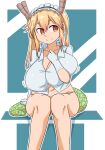  animal_humanoid big_breasts big_butt blonde_hair breasts butt cleavage clothed clothing dragon dragon_humanoid female hair hi_res horn horned_humanoid huge_breasts humanoid maid_headdress miss_kobayashi&#039;s_dragon_maid navel orange_eyes sakanadaze sitting smile solo tail thick_thighs tohru_(dragon_maid) under_boob 