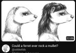  2023 anthro clothed clothing cute_fangs domestic_ferret english_text facial_piercing female fur greyscale hair mammal monochrome mullet mustelid musteline nose_piercing oddwilds piercing solo text true_musteline weasel 