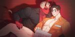  2boys abs bara black_sclera blue_eyes blush bottomless brown_hair collared_shirt colored_sclera colored_skin cover cover_page covering covering_crotch demon_boy demon_horns demon_tail doujin_cover feet_out_of_frame from_side hand_on_another&#039;s_thigh highres holding holding_sign horns huge_eyebrows interspecies large_pectorals looking_at_viewer male_focus multiple_boys muscular muscular_male nervous_sweating open_clothes open_shirt original pectoral_cleavage pectorals pober-kun pointy_ears red_skin shirt short_hair sideburns sign sweat tail thick_eyebrows thick_thighs thighs yaoi yellow_eyes 