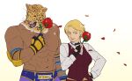  1boy 1girl blonde_hair blue_eyes breasts crossover dark-skinned_male dark_skin earrings elbow_pads fingerless_gloves flower gloves hand_on_own_hip hanpetos holding holding_flower jewelry king_(snk) king_(tekken) mask medium_breasts muscular muscular_male name_connection navel petals purple_vest rose rose_petals short_hair smile sparkle tekken the_king_of_fighters the_king_of_fighters_xiv vest 