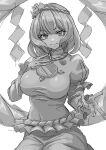  0002koko 1girl absurdres breasts hair_ornament highres leaf_hair_ornament looking_at_viewer mirror monochrome puffy_sleeves rope shimenawa smile solo touhou white_background yasaka_kanako 