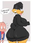  2023 absurd_res anatid anseriform anthro avian big_breasts big_butt bird breasts butt crossgender daffy_duck dialogue domestic_pig duck duo english_text female green_eyes hi_res huge_butt looking_at_viewer looking_back looking_back_at_viewer looney_tunes male mammal mtf_crossgender porky_pig suid suina sus_(pig) talking_to_viewer text usnarbit warner_brothers 