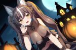  1girl absurdres animal_ear_fluff animal_ears ass_visible_through_thighs bare_shoulders black_choker blush breasts brown_hair castle chisaka_airi choker cleavage cross grave hair_between_eyes hair_ornament halloween highres jack-o&#039;-lantern large_breasts long_hair looking_at_viewer moon multicolored_hair nai_(cnoadi8) night night_sky open_mouth phase_connect pumpkin ribbon second-party_source see-through skirt sky solo streaked_hair thigh_gap thighhighs tooth twintails two-tone_hair virtual_youtuber white_hair yellow_eyes 