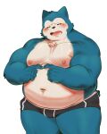  anthro belly biceps black_clothing black_nose black_underwear blue_arms blue_body blue_ears blue_fur blue_legs chubby_anthro chubby_male clothing embarrassed eyes_closed fur generation_1_pokemon hi_res koganereinsheavenz male moobs musclegut muscular muscular_anthro muscular_male navel nintendo nipples overweight overweight_male pecs pink_nipples pokemon pokemon_(species) slightly_muscular snorlax solo teeth underwear white_body white_face white_fur 