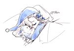  1boy alternate_costume animal blanket blue_pajamas closed_eyes commentary genshin_impact hug lying multicolored_hair naho_(pi988y) neuvillette_(genshin_impact) on_side pajamas pillow simple_background sleeping streaked_hair twitter_username white_background white_hair 