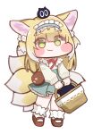  1girl absurdres animal_ears arknights bag basket blonde_hair blue_hairband blue_skirt blush_stickers bobby_socks bow bowtie brown_bag brown_footwear chibi closed_mouth colored_tips commentary creature_on_head english_commentary fox_ears fox_girl fox_tail frilled_hairband frills full_body green_eyes hairband heixiu highres holding holding_basket in_basket kitsune kyuubi long_hair long_sleeves luo_xiaohei luo_xiaohei_zhanji mary_janes multicolored_hair multiple_tails n3moni red_bow red_bowtie shoes shoulder_bag skirt socks suzuran_(arknights) suzuran_(spring_praise)_(arknights) tail two-tone_hair white_background white_hair white_socks 