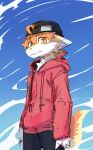  absurd_res anthro blue_sky cheek_tuft clothed clothing cloud dragon ears_back facial_tuft fur furred_dragon glistening glistening_eyes hair hi_res hoodie kutto kuttoyaki looking_at_viewer male mouth_closed orange_eyes orange_hair pivoted_ears portrait red_clothing red_hoodie red_topwear sky solo standing three-quarter_portrait topwear tuft white_body white_fur yellow_body yellow_fur 