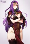  1girl blush breasts cape circlet cleavage crossed_arms dress earrings fire_emblem fire_emblem_echoes:_shadows_of_valentia fire_emblem_gaiden gloves jewelry lace-trimmed_legwear lace_trim large_breasts long_hair looking_at_viewer mature_female mina_cream purple_hair simple_background smile solo sonya_(fire_emblem) thick_thighs thighhighs thighs tiara 