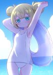  1girl 7th_dragon_(series) 7th_dragon_2020 arm_behind_head armpits arms_up bare_arms bare_shoulders blonde_hair blue_eyes blue_sky blush breasts chelsea_(7th_dragon) closed_mouth cloud colored_eyelashes commentary_request cowboy_shot day double_bun hacker_(7th_dragon) hair_between_eyes hair_bun highres horizon innertube looking_at_viewer naga_u ocean old_school_swimsuit one-piece_swimsuit outdoors school_swimsuit sky small_breasts solo standing swimsuit water white_one-piece_swimsuit 