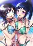  2girls arm_under_breasts asaka_karin asymmetrical_docking beach bikini black_hair blue_bikini blue_eyes blue_hair blush breast_press breasts cleavage cloud collarbone commission gradient_hair green_bikini hair_between_eyes hand_on_own_hip highres looking_at_viewer love_live! love_live!_nijigasaki_high_school_idol_club love_live!_sunshine!! matsuura_kanan medium_breasts multicolored_hair multiple_girls navel ocean open_mouth oshakana purple_eyes skeb_commission sky smile swimsuit v 