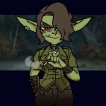  bunny75 choker clothing ear_piercing female goblin green_body green_skin hair hair_over_eye helltaker humanoid jewelry long_ears looking_at_viewer necklace one_eye_obstructed piercing red_eyes smoking solo uniform zdrada_(helltaker) 