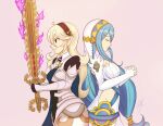  2girls azura_(fire_emblem) back-to-back blonde_hair blue_hair closed_eyes corrin_(female)_(fire_emblem) corrin_(fire_emblem) dress fire_emblem fire_emblem_echoes:_shadows_of_valentia fire_emblem_fates highres holding holding_sword holding_weapon long_hair multiple_girls own_hands_clasped own_hands_together raydango red_eyes smile sword weapon white_dress yato_(fire_emblem) 