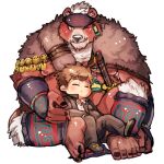  2boys ainu_clothes animal_ears arm_guards bara bear_boy bear_ears black_nails brown_fur brown_hair chest_hair closed_eyes closed_mouth collared_shirt commentary_request deformed facepaint full_body furry furry_male gakuran green_eyes headband hiryuu_(hiryuuuuuuuuu) kimun_kamui loafers male_focus multiple_boys muscular muscular_male nipples one_eye_closed plump protagonist_5_(housamo) scar scar_on_face scar_on_mouth school_uniform shirt shoes short_hair simple_background sitting smile thick_eyebrows tokyo_afterschool_summoners tusks underpec white_background white_hair white_shirt 
