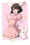 1girl :d animal_ears bad_leg bad_perspective bad_proportions black_hair breasts carrot_necklace commentary_request dress full_body hands_up happy highres inaba_mob_(touhou) inaba_tewi jewelry looking_at_viewer mothkoisi necklace open_mouth pink_background pink_dress puffy_short_sleeves puffy_sleeves rabbit rabbit_ears rabbit_tail red_eyes short_hair short_sleeves small_breasts smile solo tail touhou 