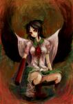  1girl arm_cannon asymmetrical_footwear black_feathers black_hair black_socks bow breasts brown_background cape closed_mouth collared_shirt dark_background feathered_wings feathers frilled_shirt_collar frilled_skirt frills full_body green_bow green_skirt hair_bow head_tilt hiepita_(1014) highres kneehighs looking_at_viewer medium_breasts medium_hair mismatched_footwear multicolored_background red_eyes reiuji_utsuho shirt skirt socks solo squatting third_eye_on_chest touhou weapon white_cape white_shirt wings 