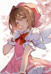  1girl absurdres ahoge brown_hair cardcaptor_sakura cloudyman fake_wings gloves green_eyes highres holding holding_wand kinomoto_sakura medium_hair pink_headwear star_wand wand white_gloves wings 