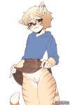  absurd_res andromorph anthro blush bored_user bottomwear clothing cory_(purpletw) domestic_cat eyewear felid feline felis genitals glasses hi_res hoodie intersex male mammal piercing pussy skirt solo topwear 