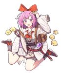  1girl atashi-tachi_no_happy_end_(project_sekai) belt bird blush boots bow bowtie brown_belt brown_footwear chick cocov flask grey_corset highres jacket ootori_emu open_mouth pink_eyes pink_hair project_sekai red_bow red_bowtie round-bottom_flask simple_background sitting smile solo wariza white_background white_jacket 