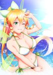  1girl arm_up bare_shoulders bikini blonde_hair blue_sky bracelet braid breasts cleavage cloud collarbone commentary_request cowboy_shot day elf energy_wings fairy fairy_(sao) fairy_wings green_eyes green_wings grin groin hair_between_eyes highres jewelry ken-ji large_breasts leafa long_hair looking_at_viewer multiple_wings navel ocean one_eye_closed outdoors pointy_ears ponytail side-tie_bikini_bottom sidelocks sky smile solo standing stomach swimsuit sword_art_online teeth transparent_wings twin_braids very_long_hair water_drop wet white_bikini wings 