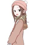  1girl :d absurdres bag beanie brown_coat brown_eyes brown_hair coat from_side hat highres holding inaba_mifumi karakai_jouzu_no_takagi-san long_hair looking_at_viewer open_mouth pink_headwear scarf shopping_bag sidelocks simple_background smile solo takagi-san white_background yellow_scarf 