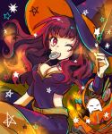  1girl belt bodysuit breasts candy cleavage cleavage_cutout clothing_cutout fire_emblem fire_emblem_engage food halloween halloween_costume hat lollipop long_hair looking_at_viewer one_eye_closed red_eyes red_hair solo sorakaza star_(symbol) witch witch_hat yunaka_(fire_emblem) 