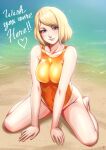  1girl ashley_graham beach bikini blonde_hair blue_eyes bob_cut breasts cleavage competition_swimsuit english_text finalcake highres large_breasts looking_at_viewer medium_breasts one-piece_swimsuit orange_one-piece_swimsuit resident_evil resident_evil_4 short_hair side-tie_bikini_bottom sitting solo swimsuit wariza 
