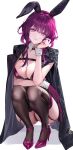  1girl absurdres animal_ears breasts coat coat_on_shoulders fake_animal_ears full_body gloves high_heels highres honkai:_star_rail honkai_(series) kafka_(honkai:_star_rail) large_breasts leotard playboy_bunny purple_eyes purple_footwear purple_hair purple_leotard purple_nails rabbit_ears rity simple_background single_glove solo squatting thighhighs white_background wrist_cuffs 