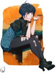  1girl absurdres black_hair black_leggings black_vest boots brown_eyes foliage high_heel_boots high_heels highres holding holding_pen l4wless leggings looking_at_viewer pen persona persona_5 red_nails short_hair sitting_on_fence spider_web_print studded_bracelet takemi_tae torn_clothes torn_leggings vest 